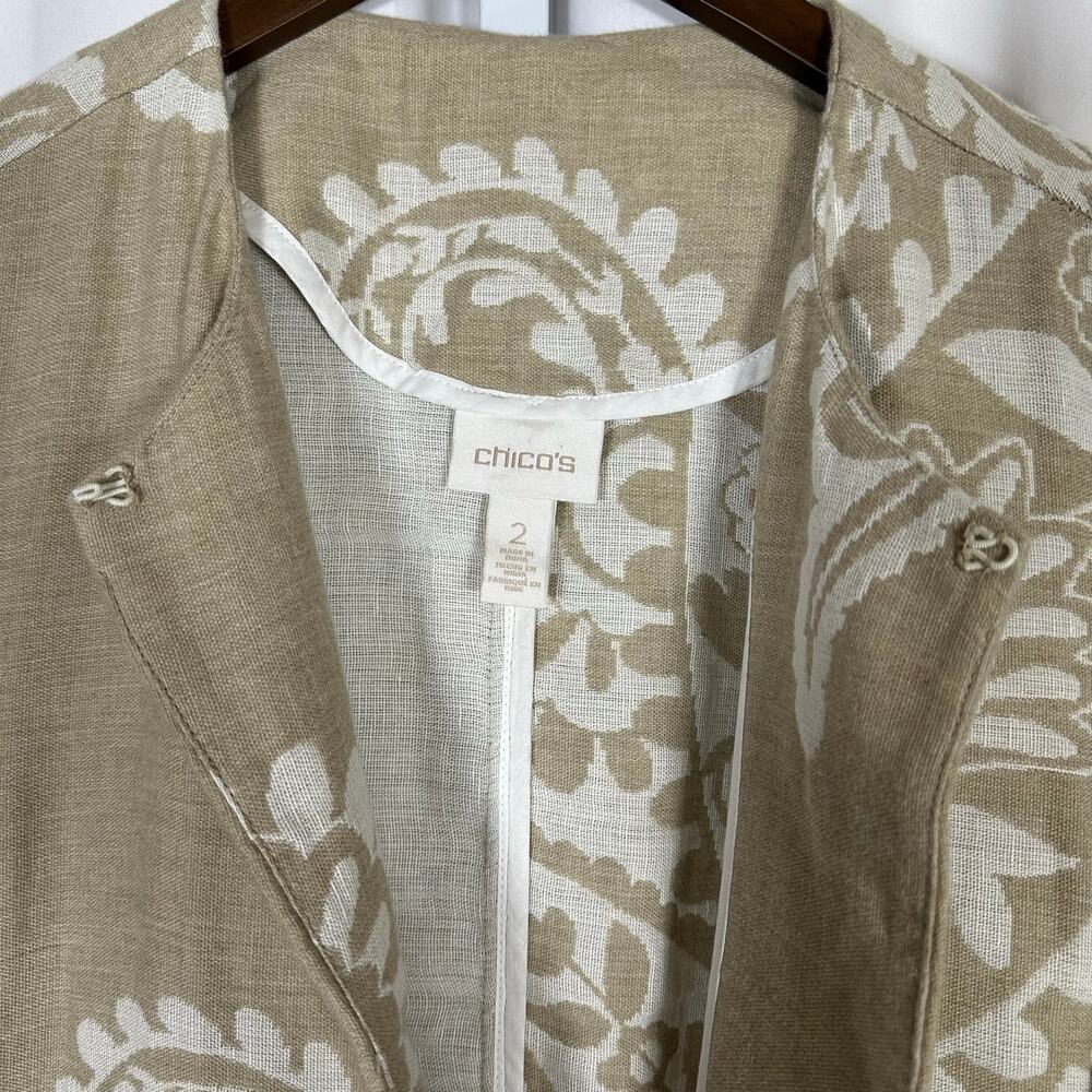 Chico's Oatmeal Cream Jacquard 3/4 Sleeve Jacket Sz 2 (L) Neutral Office‎ Church - Picture 2 of 14